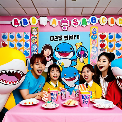 **

A vibrant, joyful scene depicting a Baby Shark fan club meeting in South Korea.  Fans of all ages are gathered, some in Baby Shark cosplay, exchanging merchandise and fan art.  The background includes Baby Shark themed decorations and posters.  Focus on bright, cheerful colors and a sense of community and shared passion.  Include elements of K-Pop aesthetic for local flair.

**