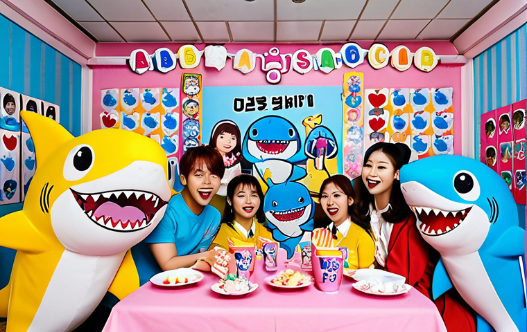 **

A vibrant, joyful scene depicting a Baby Shark fan club meeting in South Korea.  Fans of all ages are gathered, some in Baby Shark cosplay, exchanging merchandise and fan art.  The background includes Baby Shark themed decorations and posters.  Focus on bright, cheerful colors and a sense of community and shared passion.  Include elements of K-Pop aesthetic for local flair.

**